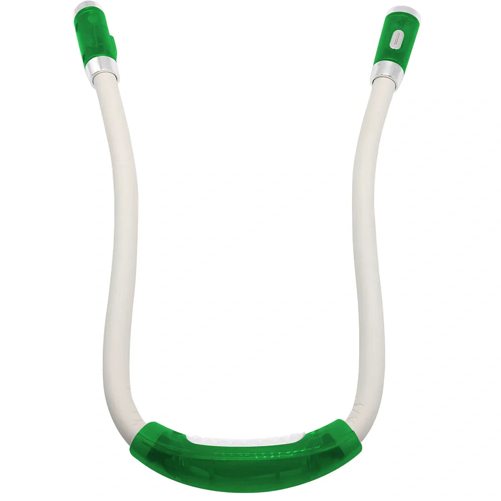 Flexible neck book light with U-shaped design showing adjustable LED reading lamp in use