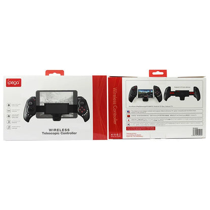 Wireless telescopic game controller extended with a phone inserted, showing buttons and USB port.