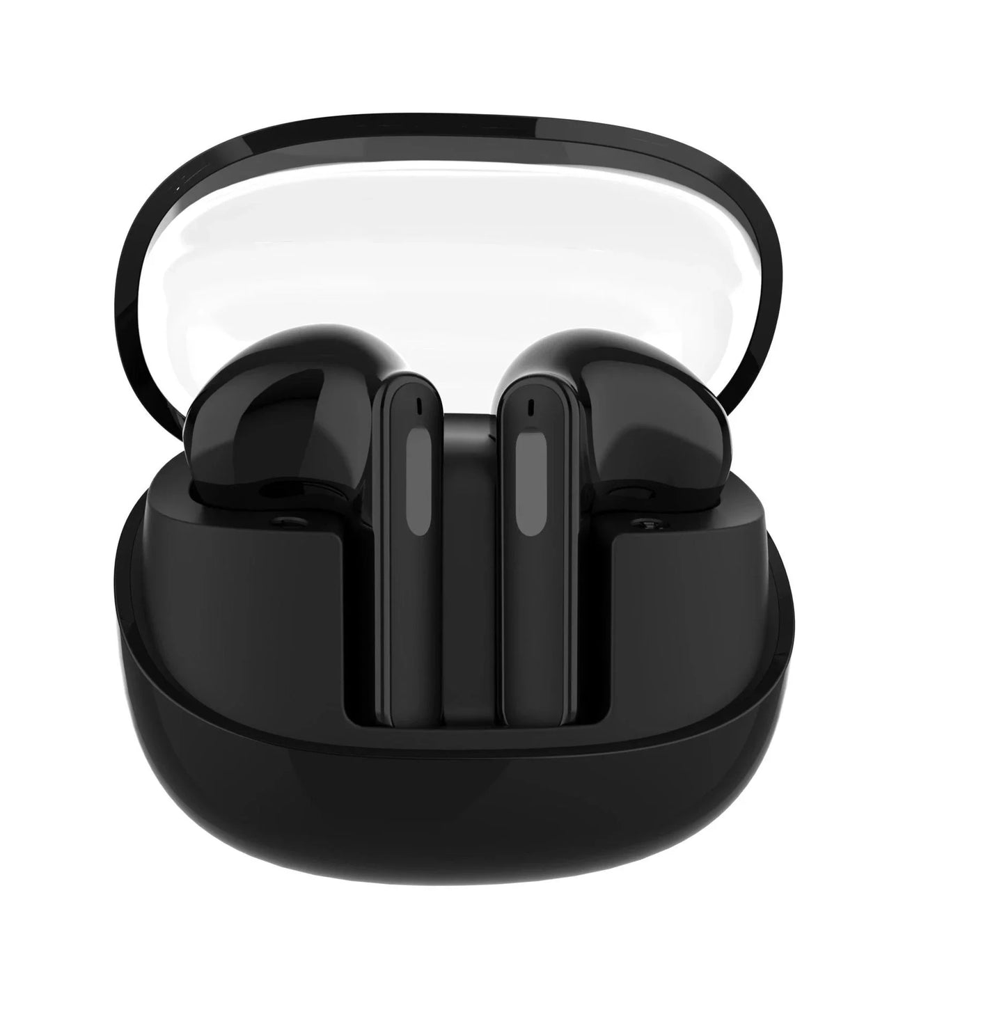 Wireless Bluetooth headset with transparent case, showcasing its sleek and compact design