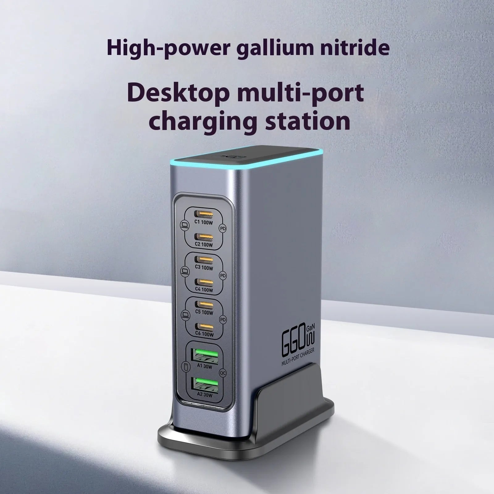 Gallium Nitride 660W desktop charger with four TYPE-C ports showing UK plug configuration and compact 10.5cm dimensions