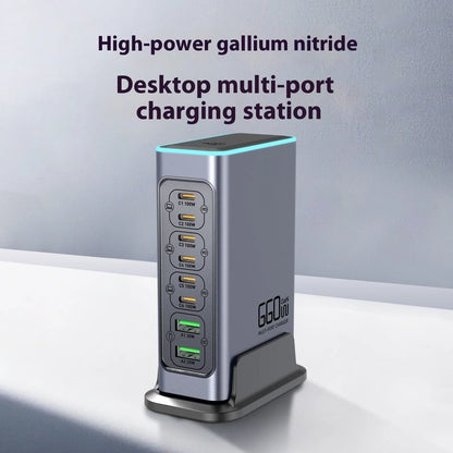 Gallium Nitride 660W desktop charger with four TYPE-C ports showing UK plug configuration and compact 10.5cm dimensions