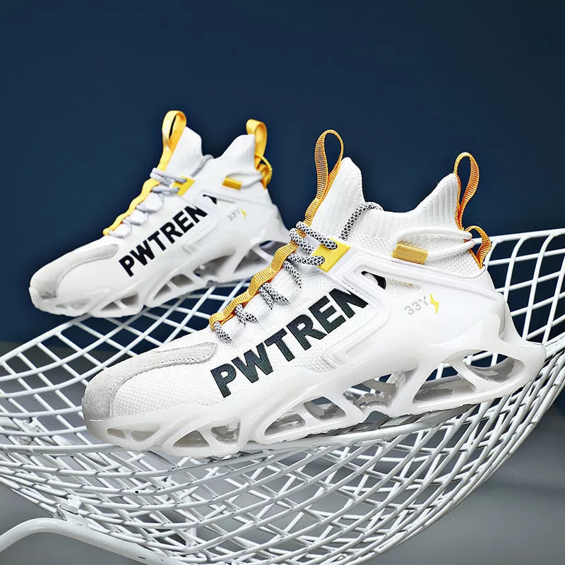 Shock-absorbing flying woven sports shoes in black, yellow, orange, and blue