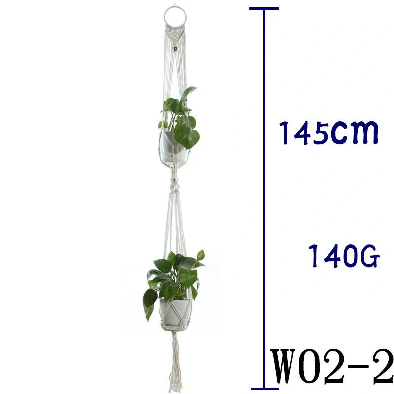 Beige cotton rope hanging basket with various styles for indoor plant display
