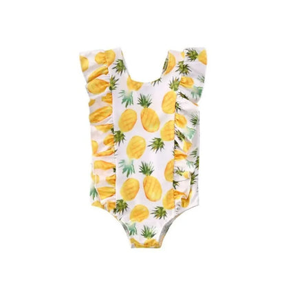 Printed sleeve one-piece girls swimsuit in Red or Yellow, Polyester, sizes 80-120cm