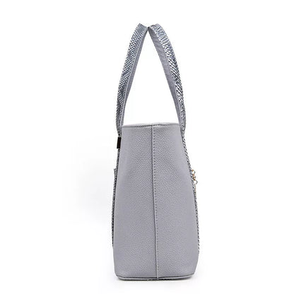Women's stylish shoulder bag with zipper closure and multiple pockets in light gray, black, off-white, and rose red.