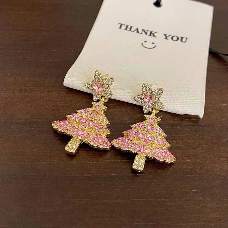 Pink Christmas tree shaped dangle earrings with sparkling zircon accents