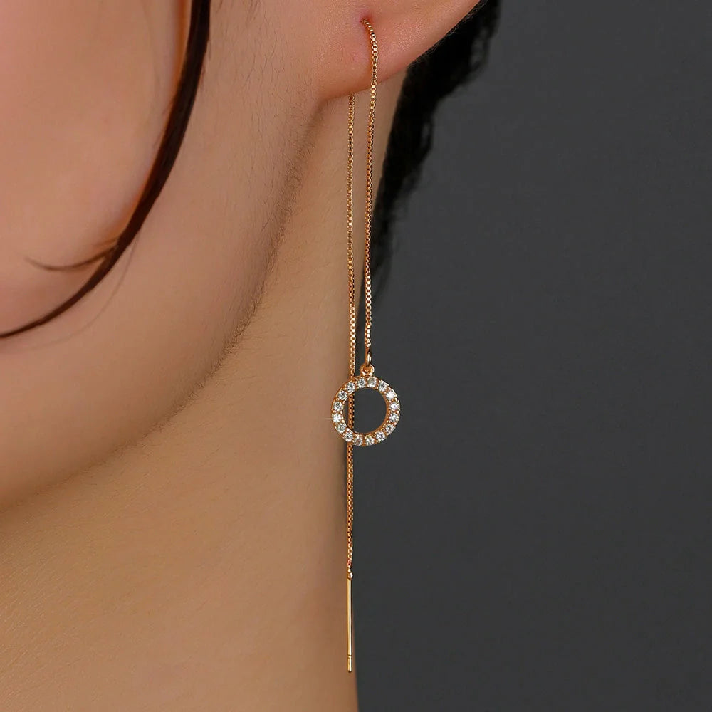 Gold Circle Long Tassel Ear Wire with sparkling zircon accents