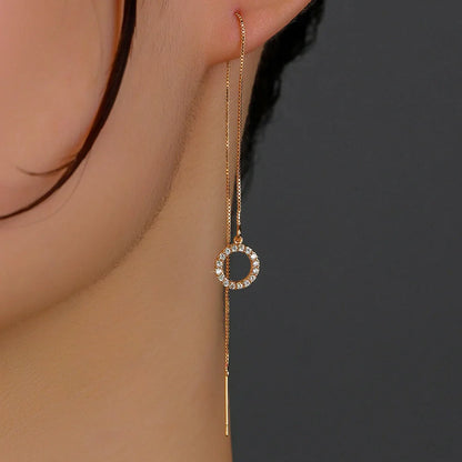 Gold Circle Long Tassel Ear Wire with sparkling zircon accents