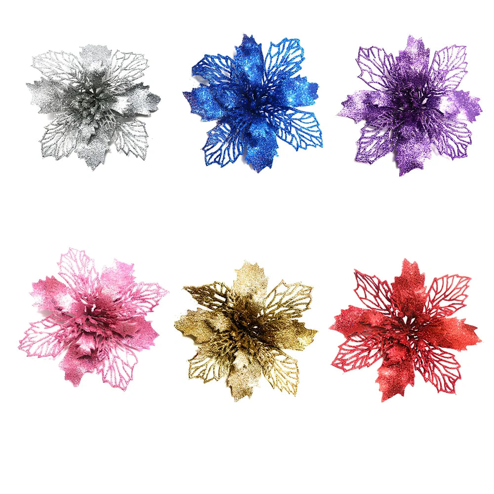 Glitter artificial Christmas flowers measuring 11cm with sparkling coating in various colour options