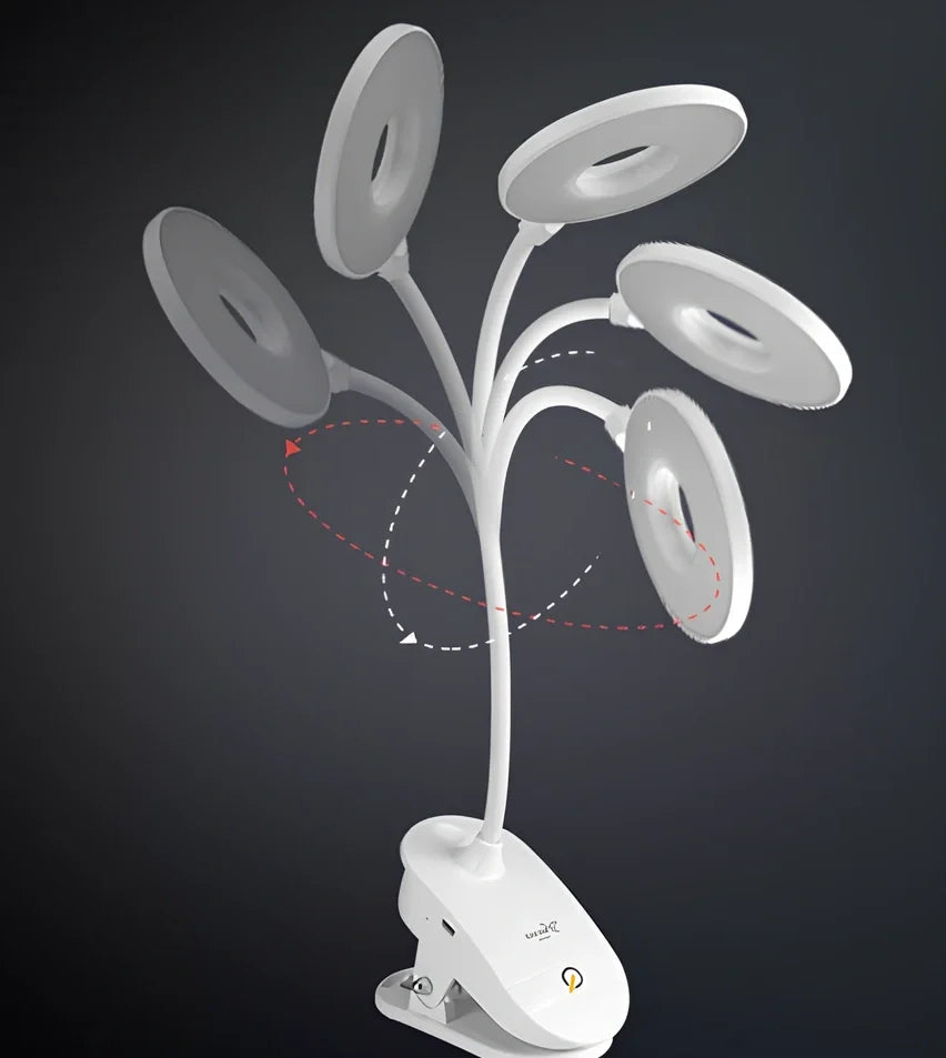 Porcelain white LED clip desk lamp with USB charging, 15cm tall for reading and eye protection