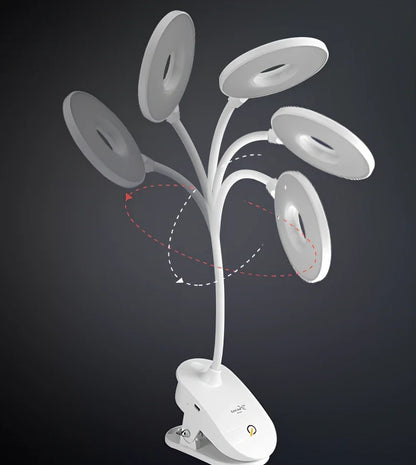 Porcelain white LED clip desk lamp with USB charging, 15cm tall for reading and eye protection