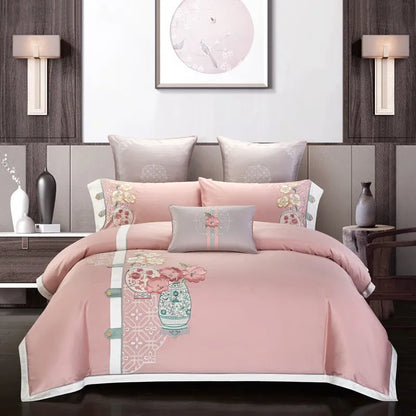 Four-piece cotton embroidery bedding set in satin weave with decorative patterns