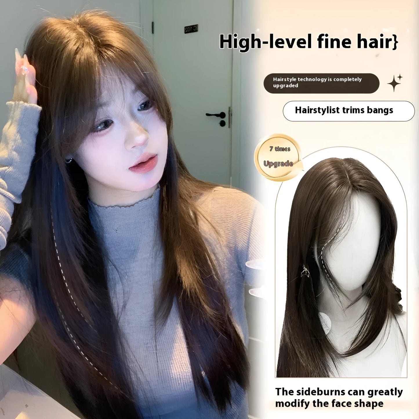Long straight layered synthetic wig in cold brown colour on a stand.