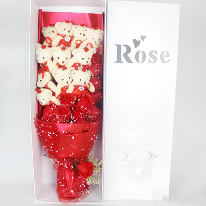 Handmade plush toy bouquet with 11 cartoon bears and chiffon roses in presentation box