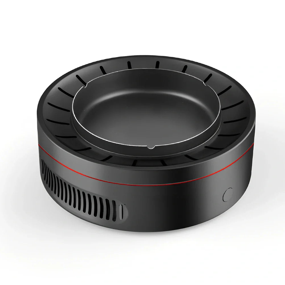 Black electronic ashtray purifier measuring 18x18x7.3cm with negative ion technology and USB charging