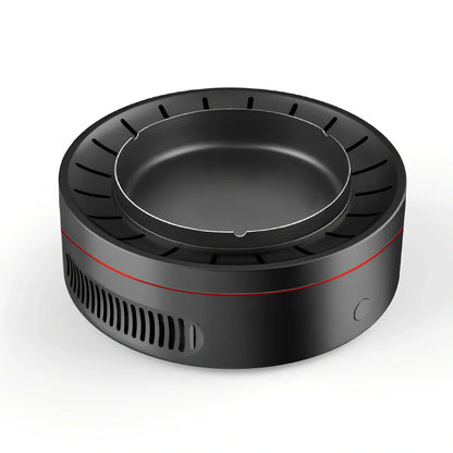 Black electronic ashtray purifier measuring 18x18x7.3cm with negative ion technology and USB charging