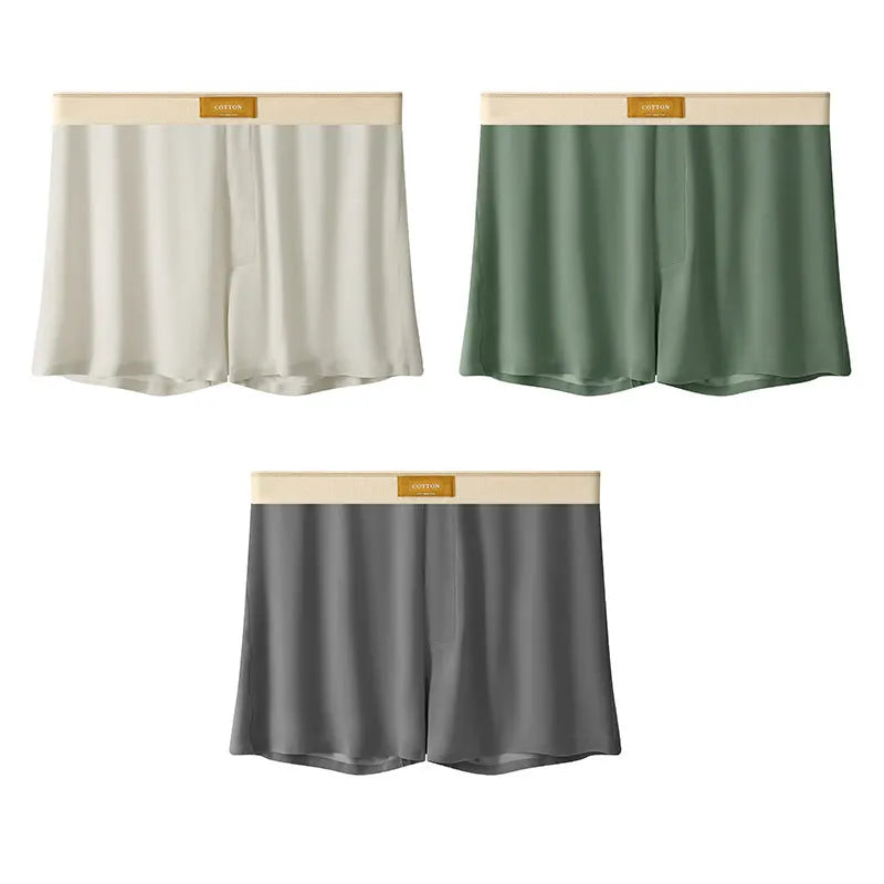 Men's loose-fit Ice Silk nylon underwear in a three-pack, showing colour options like black, green, and grey.