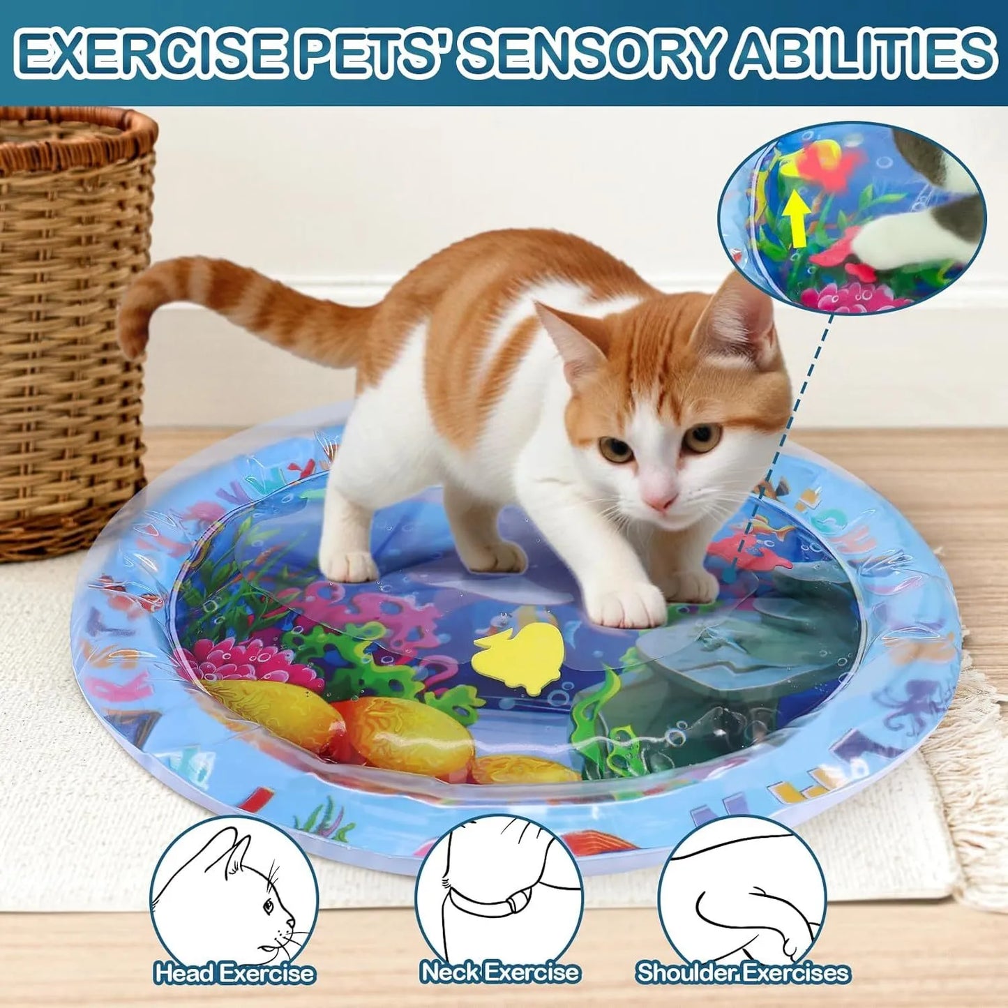 Thickened PVC water sensory playmat for pets with ocean fish design and floating toys.
