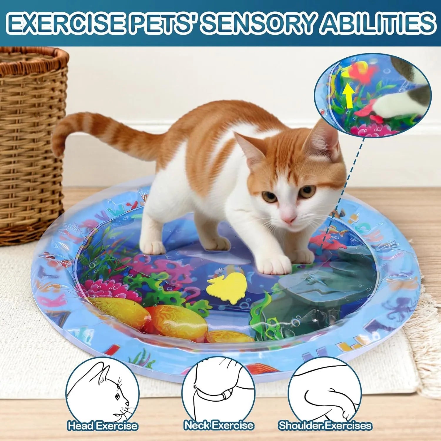 Thickened PVC water sensory playmat for pets with ocean fish design and floating toys.