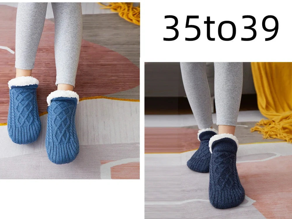 Winter woolen socks with V-opening design and anti-slip dots on soles in navy blue colour