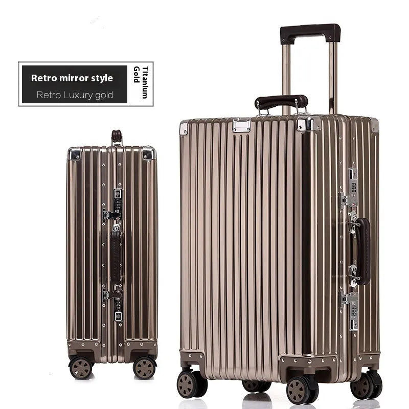 Aluminum frame 20 inch suitcase with universal wheels, box lock and retro frosted finish