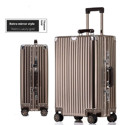 Aluminum frame 20 inch suitcase with universal wheels, box lock and retro frosted finish