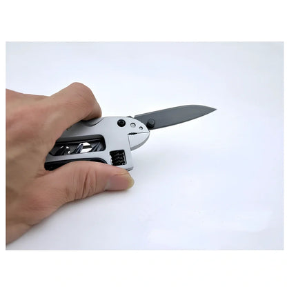 Multi-tool adjustable wrench in stainless steel, folded to 121.45 mm size