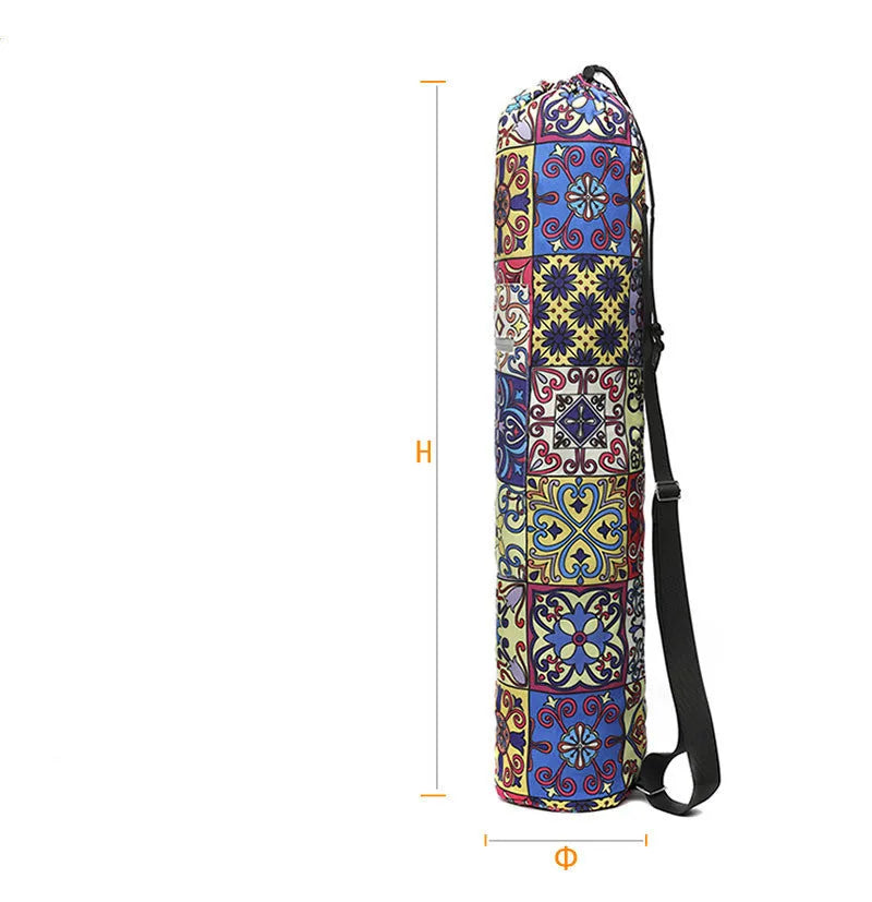 Canvas yoga bag with shoulder strap for 6mm yoga mat, shown as a storage bag for yoga and fitness use