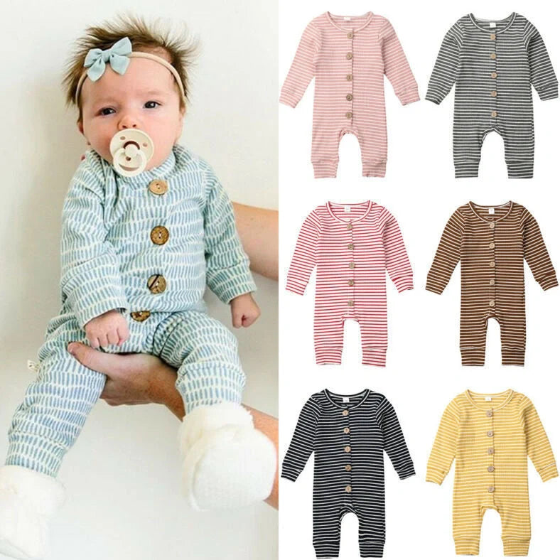 Newborn wearing a striped knitted jumpsuit in cotton, sizes 70-100cm, available in six colours