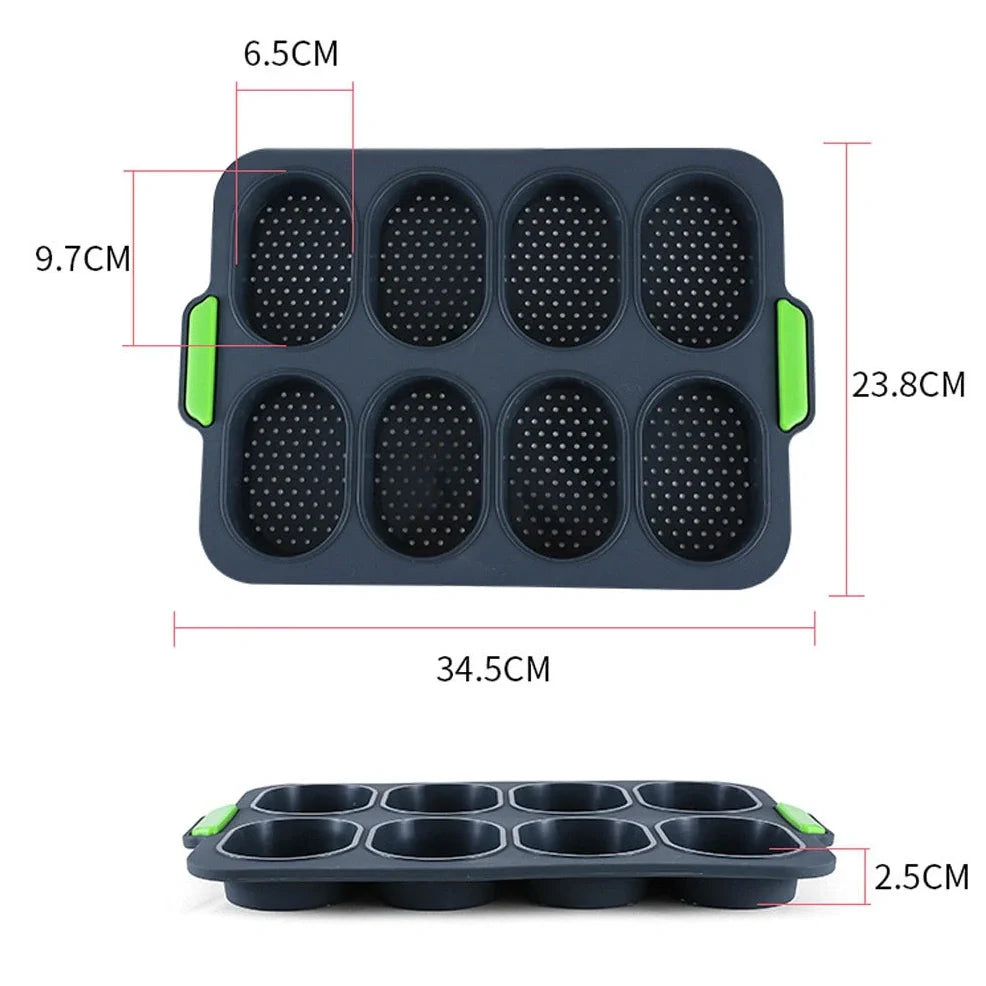 Dark grey silicone bread baking mould with eight compartments for uniform French loaves