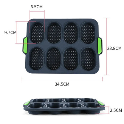 Dark grey silicone bread baking mould with eight compartments for uniform French loaves