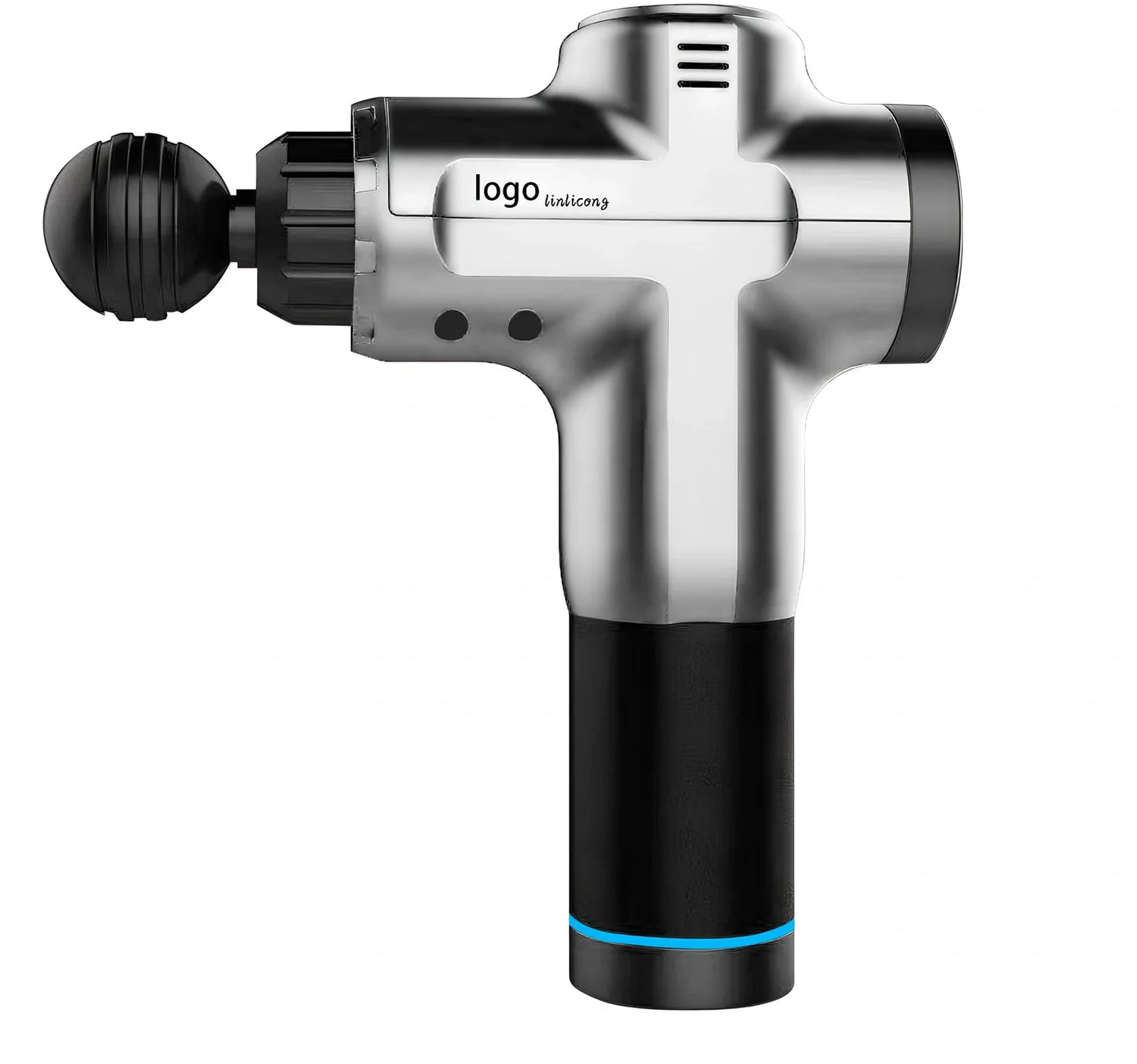 FL-8703 black massage gun with silicone head, 28cm length, showing speed control buttons and charging port