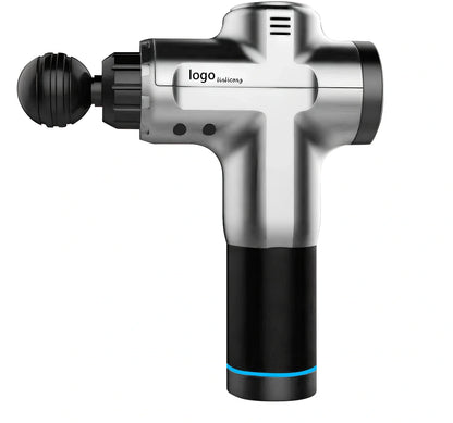 FL-8703 black massage gun with silicone head, 28cm length, showing speed control buttons and charging port