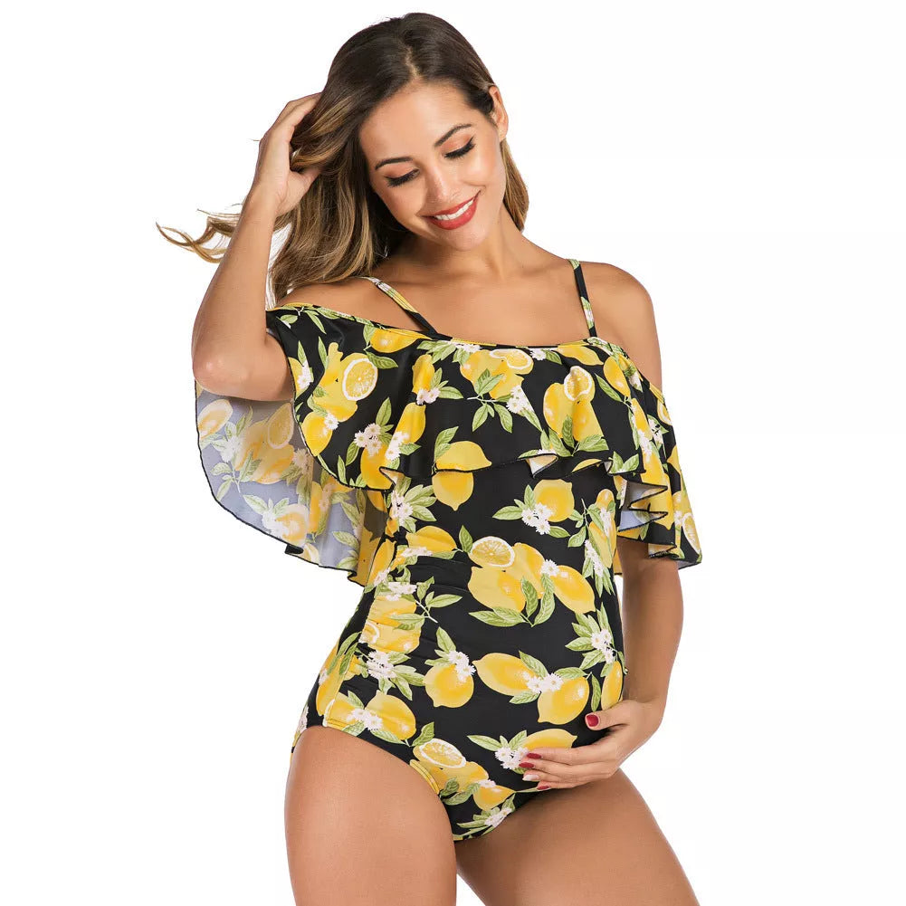 Lemon ruffled one-piece maternity swimsuit with chest pad for pregnancy support