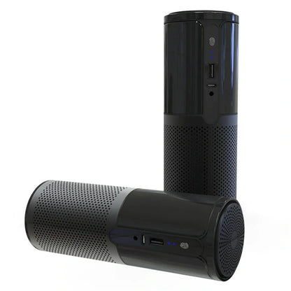 Compact car air purifier in black, reducing 99.9% of allergens with HEPA technology