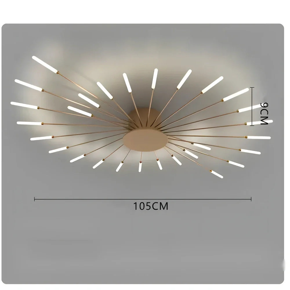 Ceiling room light with decorative iron framework and multiple bulb heads in gold or sand black finish