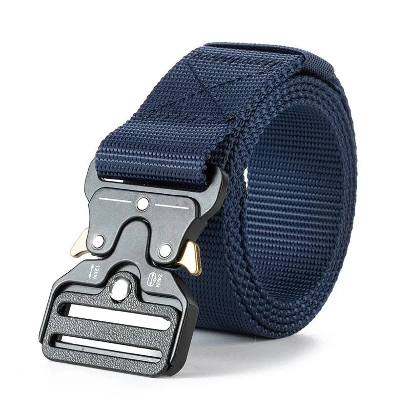 Men's thick canvas tactical belt with an alloy release buckle, shown in Army Green colour.