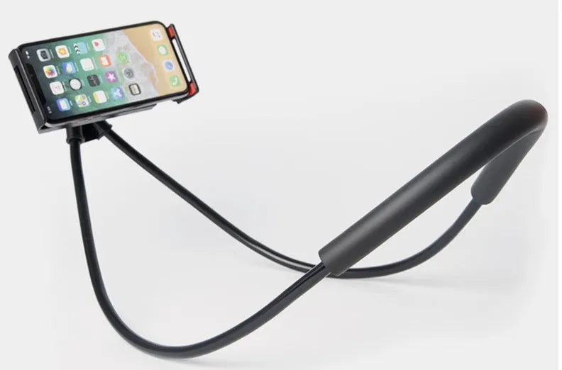 Neck phone holder with 360-degree rotating clamp in multiple colours, holding a smartphone