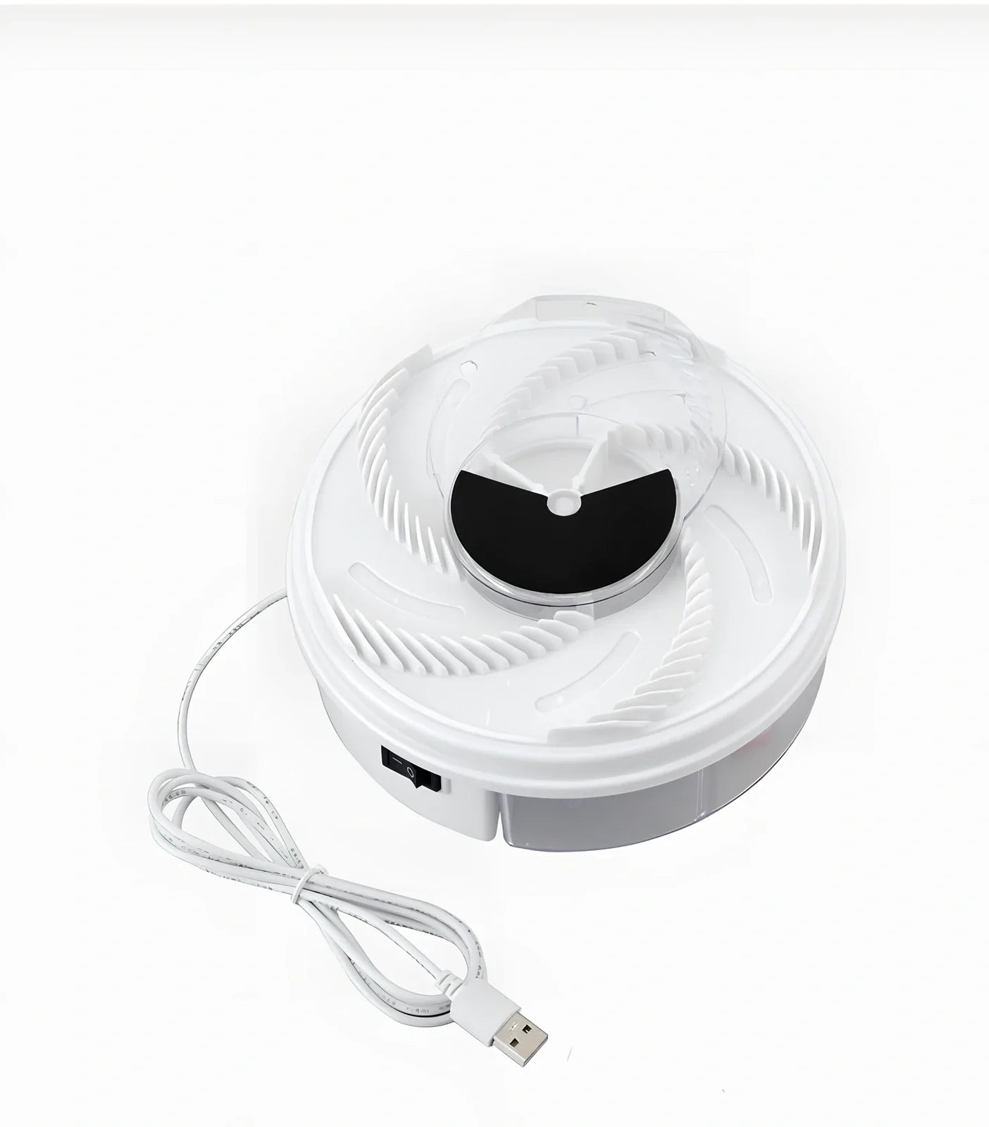 USB electric fly trap in white with blue accents, showing five bait grooves and rotating capture plate for insect control
