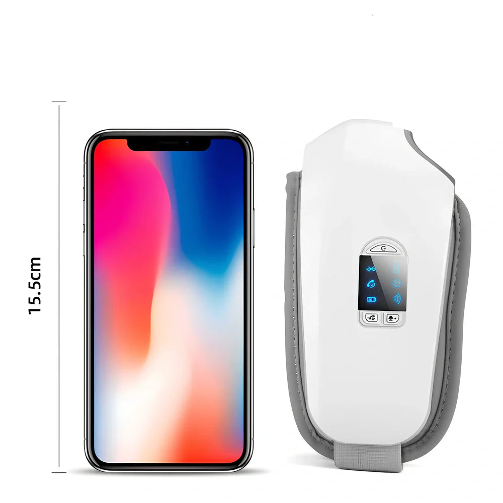 White folding eye massager device with LCD screen, shown in open and closed positions