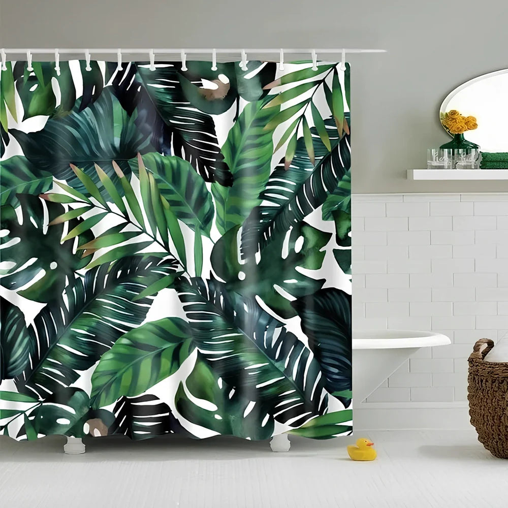 Tropical shower curtain with green and white design, digital printing technology, multiple size options for bathrooms