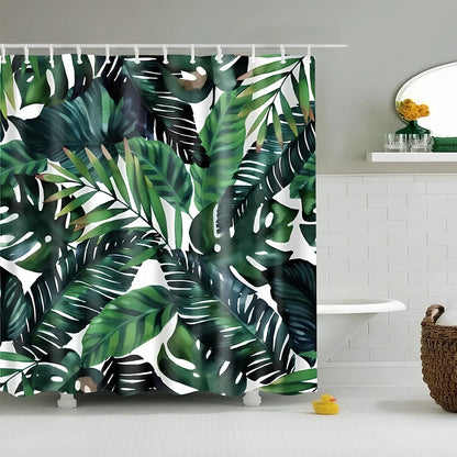 Tropical shower curtain with green and white design, digital printing technology, multiple size options for bathrooms
