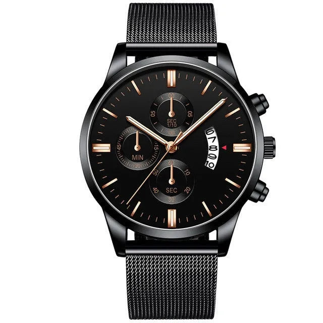 Men's stainless steel mesh band quartz watch showing two-tone colour options on a 4.2cm case.
