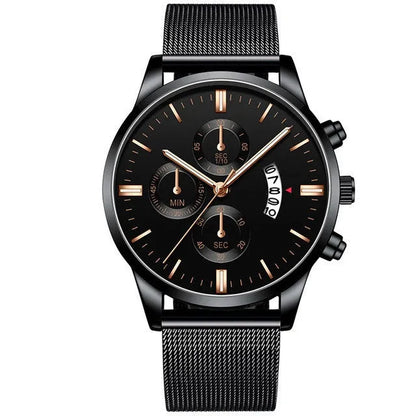 Men's stainless steel mesh band quartz watch showing two-tone colour options on a 4.2cm case.