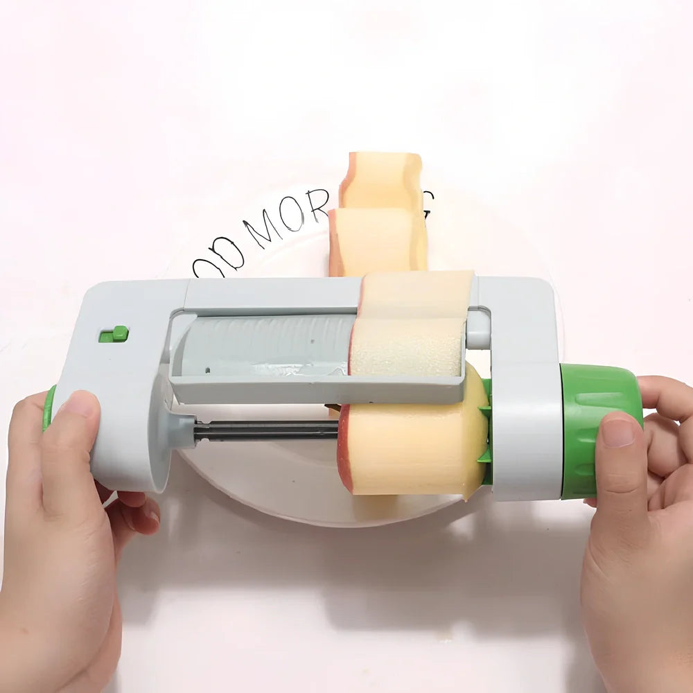 Green and white kitchen fruit slicer with 8mm blades on 22.5cm frame