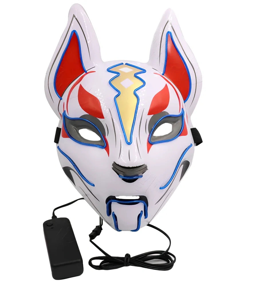Glowing blue cat face mask with LED illumination measuring 28cm by 18cm for cosplay and Halloween events