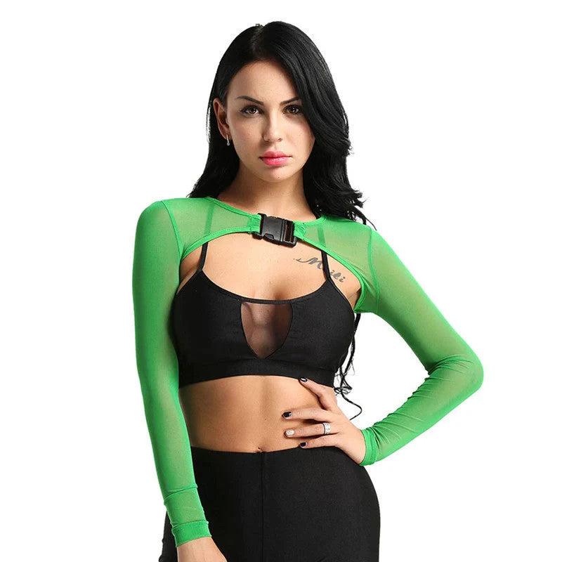 Women's transparent mesh crop top with long sleeves and front button closure