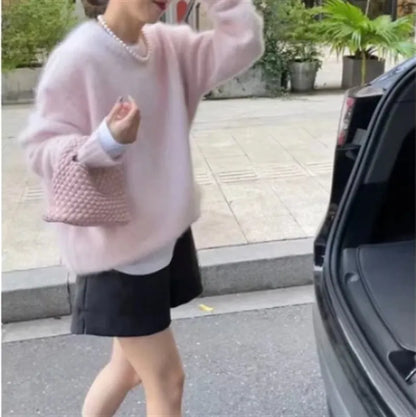 Loose pullover sweater for women, polyester, long sleeve, 50cm length, solid colour idle style