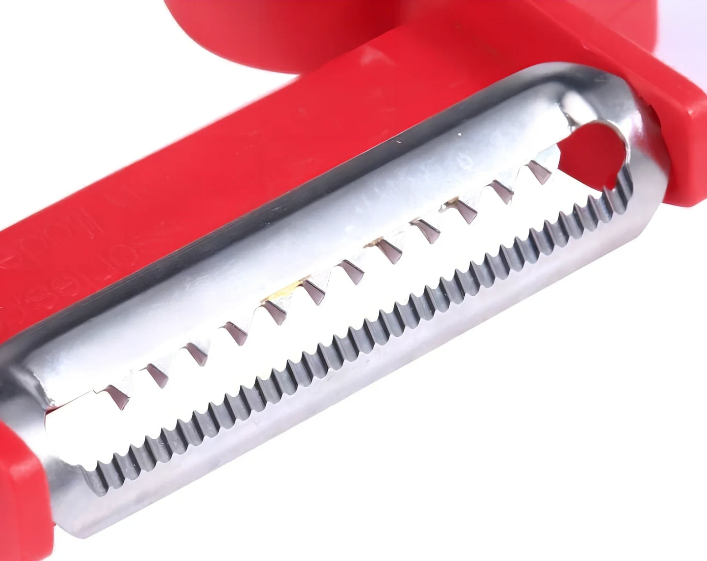 Stainless steel vegetable peeler set with black, blue, red handles and dual swivel blades