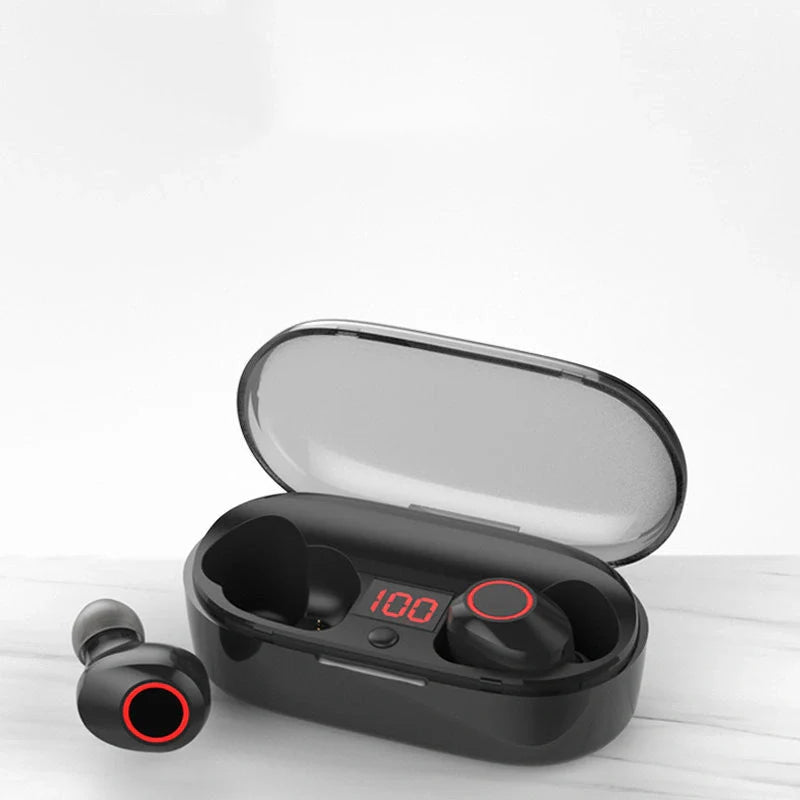J29Tws Bluetooth headset in red, blue, black, and white with digital display